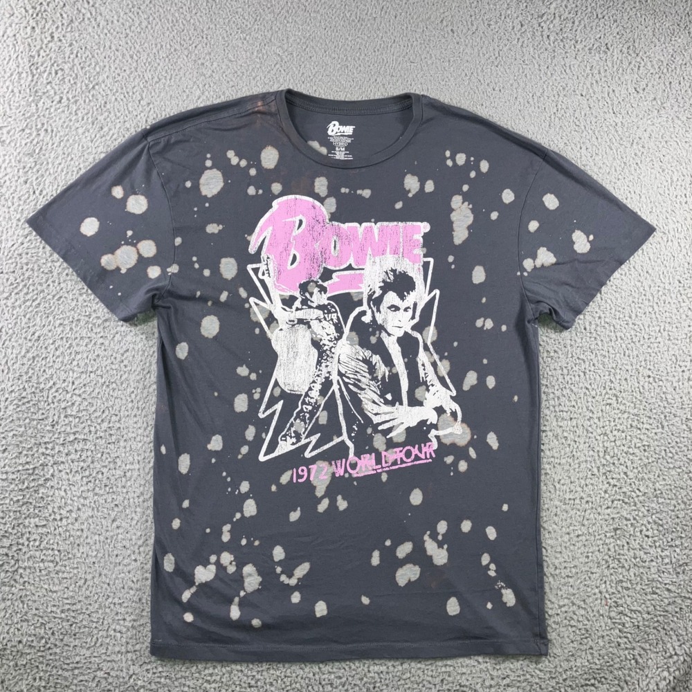 David Bowie Graphic T-Shirt Men S/M Gray Bleach Splatter 1972 World Tour Rock